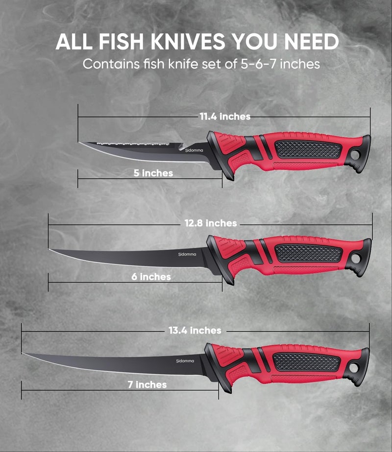 Sidomma Fillet Knife and Bait Knife Set Performance 5"-6"-7" G4116 German Flex Razor Sharp Stainless-Steel Blade with Sheath for Filleting and Boning, Pro Fishing Gear and Equipment Tools, Cool Fishing Gift for Men (Black-Red) - Image 3